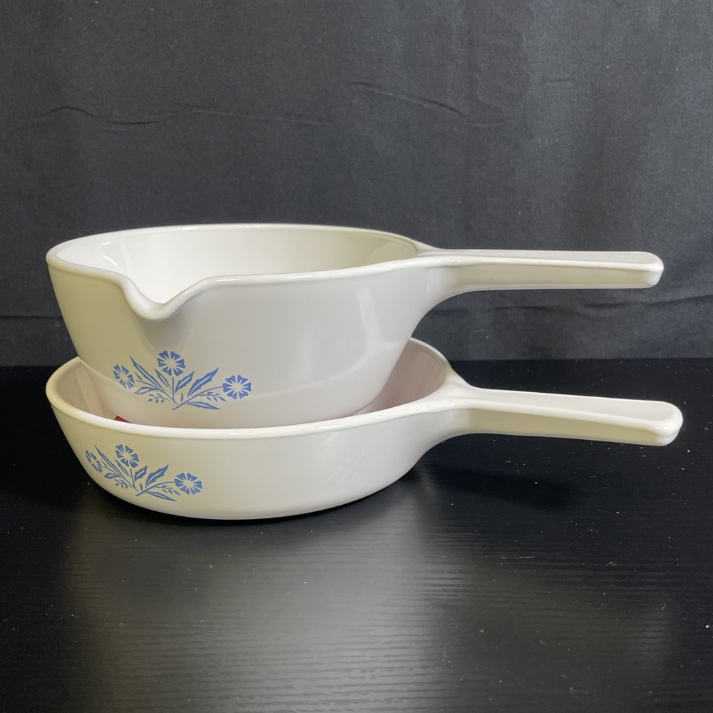 Vintage Corning Ware P-89-B P-83-B White Pyroceram Saucepan Skillet Set USA